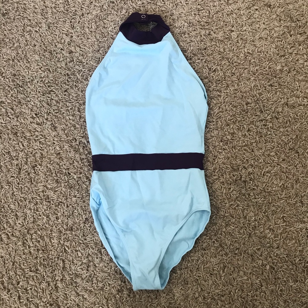 blue and purple halter leotard